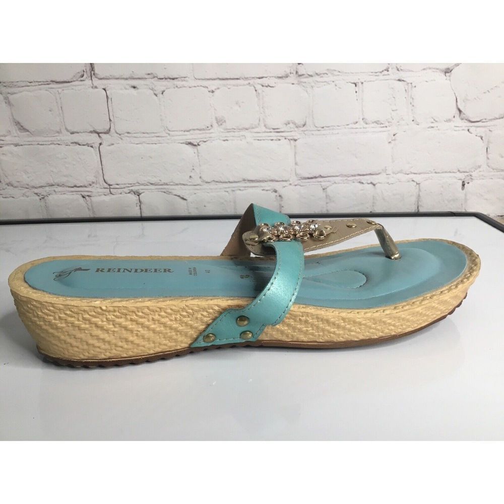 Reindeer Womens 9,5 Low Wedge Turquoise‎ Sandals,Embellished slip On